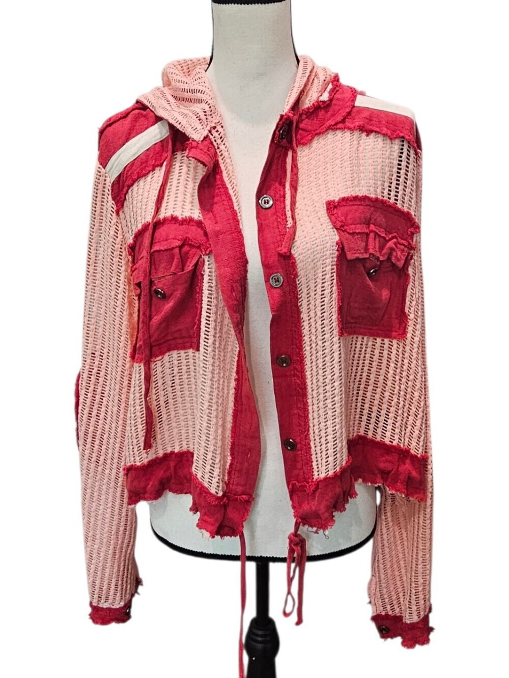 POL Open Knit Red & Light Pink Button-Up Hooded Cotton Top NEW